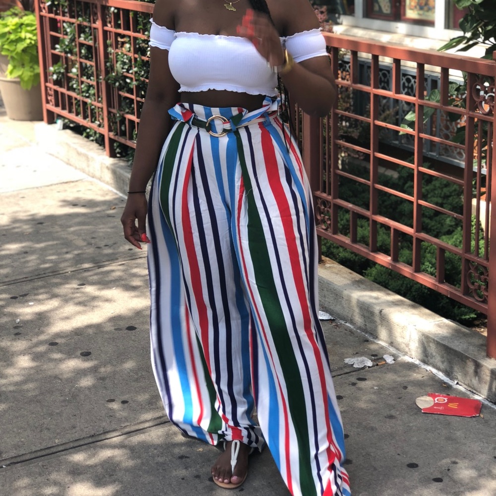 Striped Wide Leg Pants with Belt